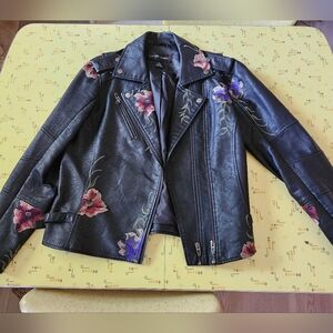 Colleen Lopez Vegan Leather Black Embroidered Moto Jacket